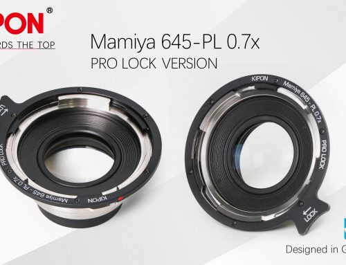 KIPON start shipping latest MAMIYA645-PL 0.7x focal reducer, introduced pro new lock style mechanic design, using Mamiya645 lenses on PL mount cine cameras.
